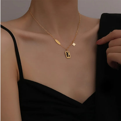 HangZhi 2021 New Korean Vintage Water Drop Star Round Bear Oval Pendant Necklace Geometric Gold Color Titanium Steel Jewelry