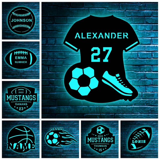 Personalized Soccer Football Baseball Basketball LED Wall Lamp Custom Name Sports Neon Night Light For Son Kids Bedroom Decor