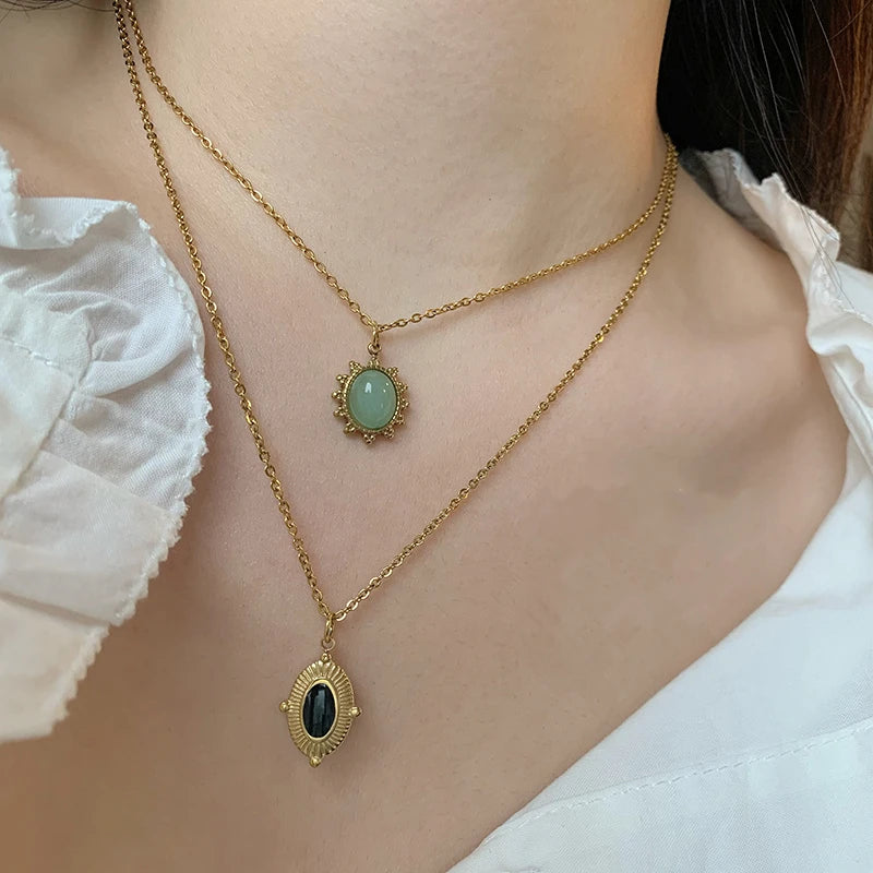 HangZhi 2021 New Korean Vintage Water Drop Star Round Bear Oval Pendant Necklace Geometric Gold Color Titanium Steel Jewelry