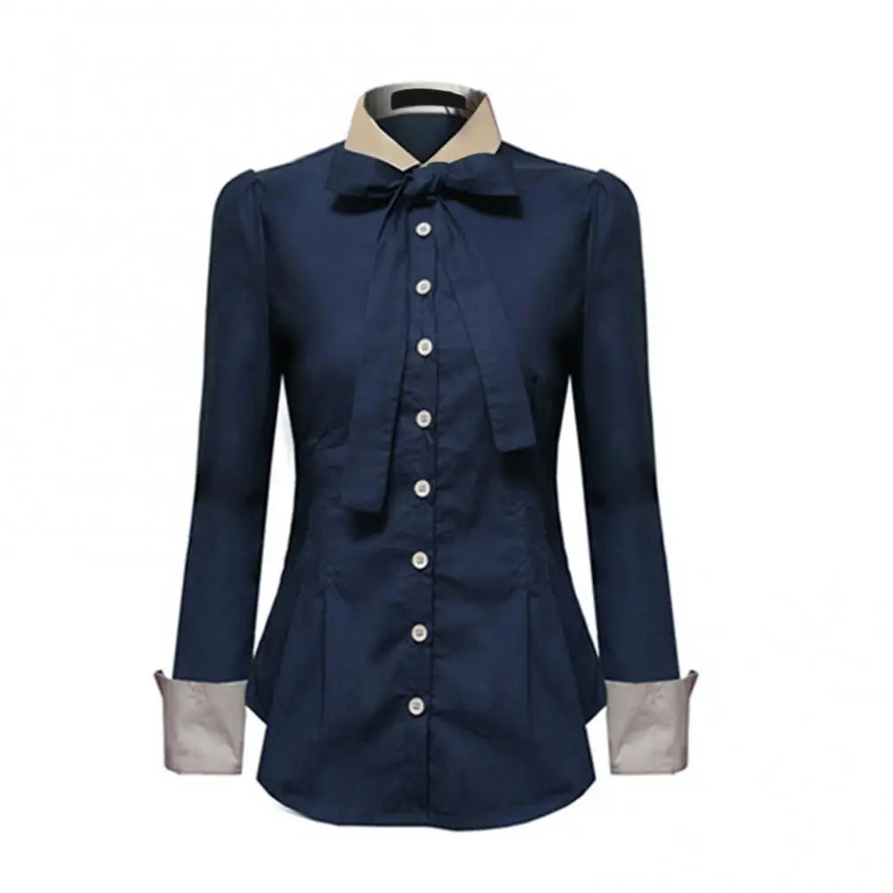 Office Lady Shirt Long Sleeve Turn Down Collar Waist Tight Shirt Buttons Blouse Top shirts for women fashion Dark Blue xxxl