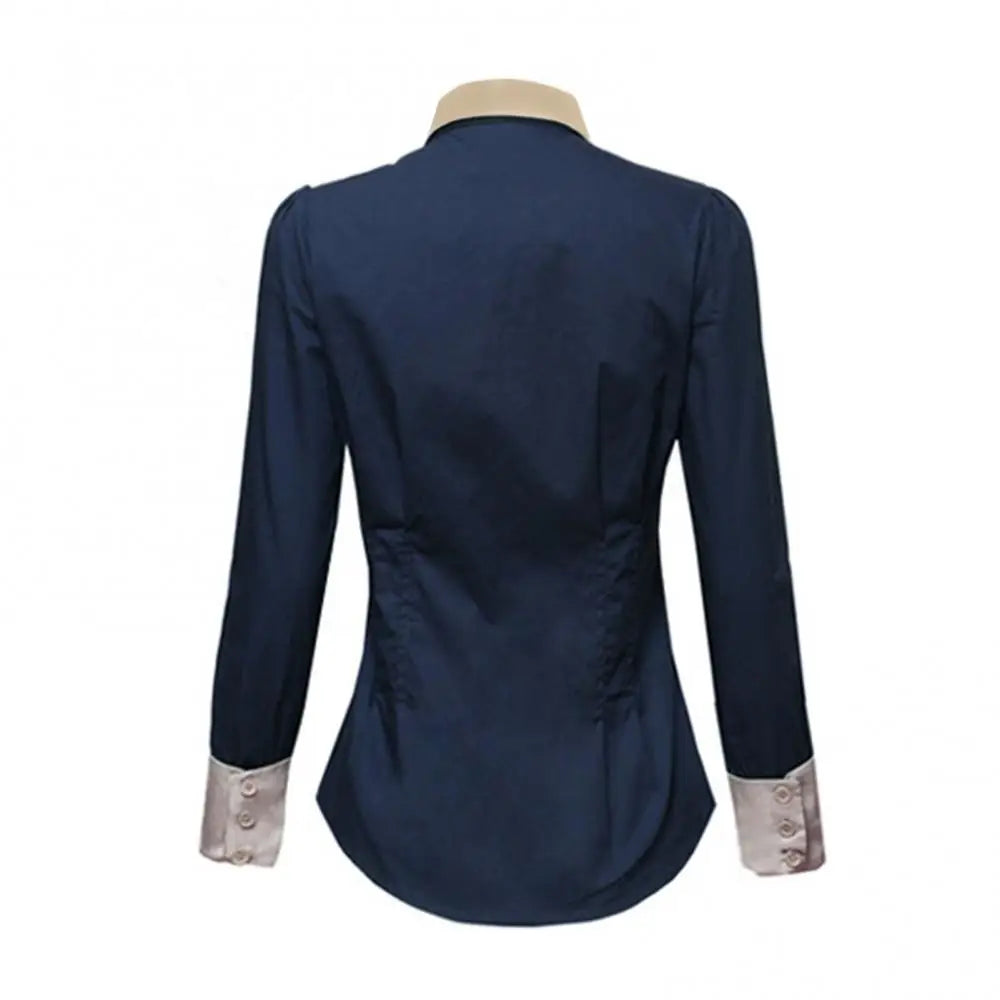 Office Lady Shirt Long Sleeve Turn Down Collar Waist Tight Shirt Buttons Blouse Top shirts for women fashion Dark Blue xxxl