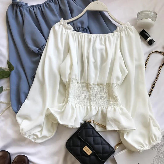 Youth Elegant Blouse Women Chiffon Fashion Blouse Off Shoulder White Shirt Ruffle Puff Sleeve Top Office wear 2022