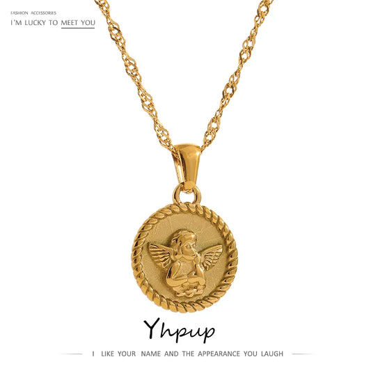 Yhpup New Stainless Steel Angel Pendant Necklace Chain Jewelry Gold 18 K Plated Round Charm Collar Accessories for Women Gift