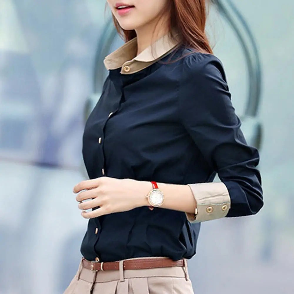 Office Lady Shirt Long Sleeve Turn Down Collar Waist Tight Shirt Buttons Blouse Top shirts for women fashion Dark Blue xxxl