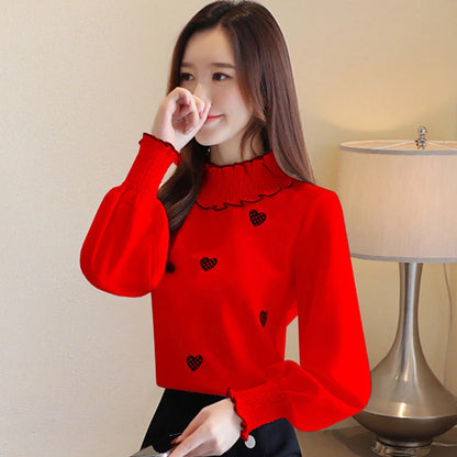 Women Spring Autumn Style Blouses Shirts Lady Casual Long Sleeve Turtleneck Heart Embroidery Blusas Tops DF3140