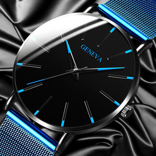 2024 Geneva Minimalist Watch Men Ultra Thin Blue Stainless Steel Mesh Belt Watches Man Business Casual Quartz Wrist Watch