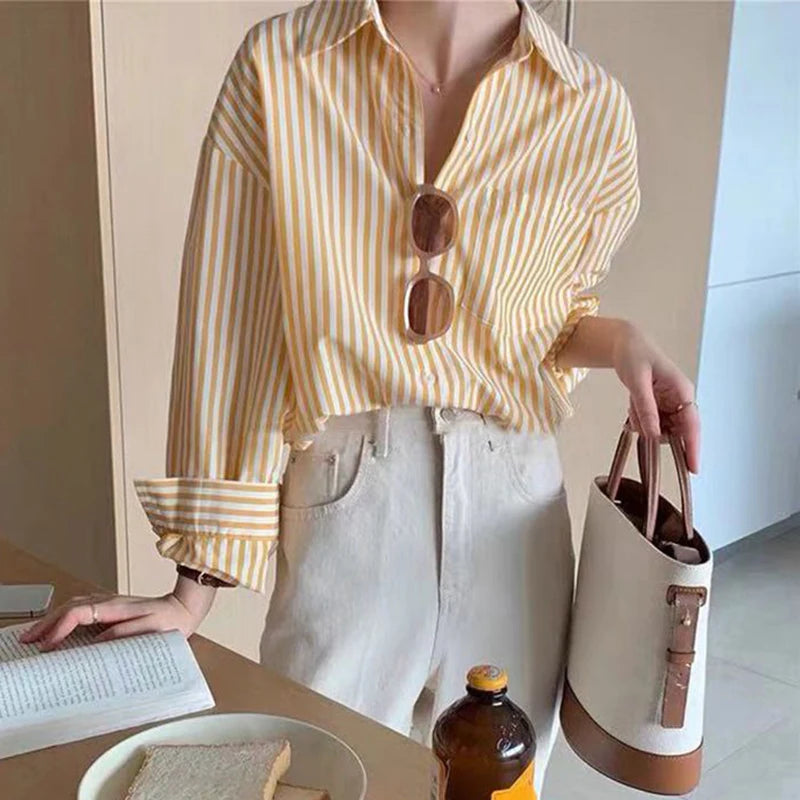 Streetwear Striped Shirts Women Vintage Oversized Long Sleeve Blouses Korean Fashion Elegant Single Breasted Loose Casual Tops