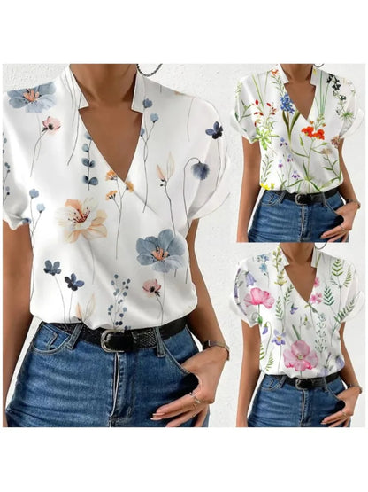 Shirts For Women 2023 Summer Loose V-neck Stand Collar Print Tops And Blouses Blusas Elegantes Finas Para Mujer Casual T Shirt