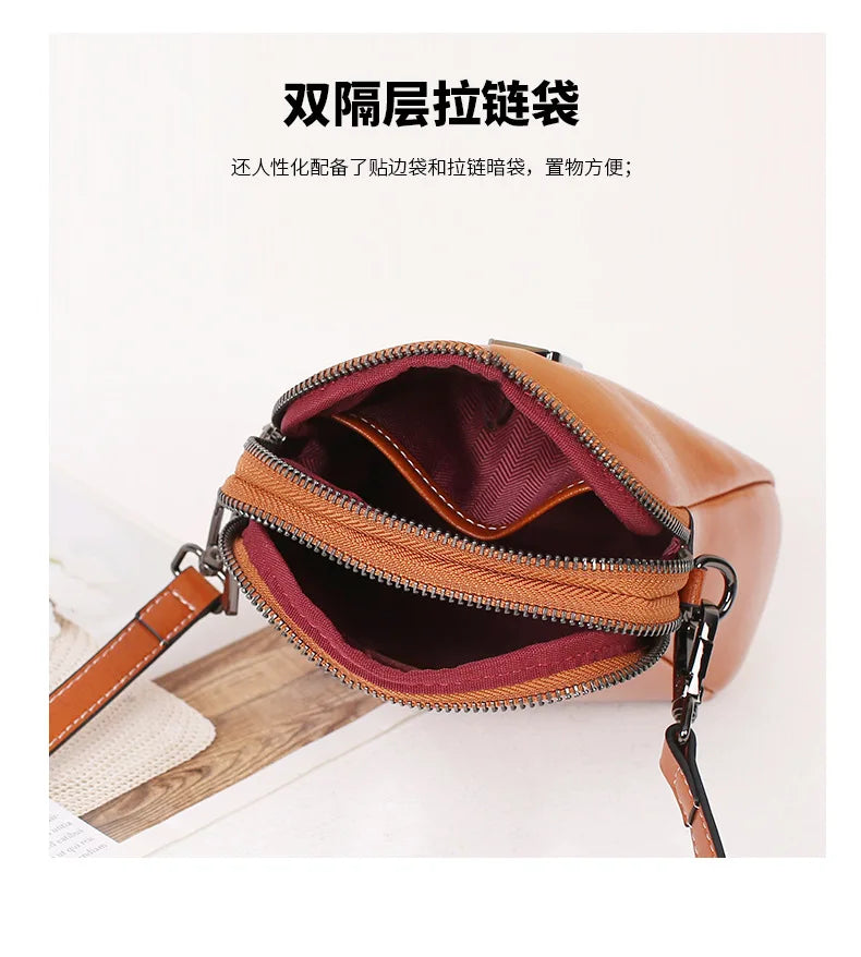 Summer Phone Bag Women's Oil Wax Cowhide Leather Crossbody Bag Fashionable and Casual Shoulder Bagladies' Small Shell Purse