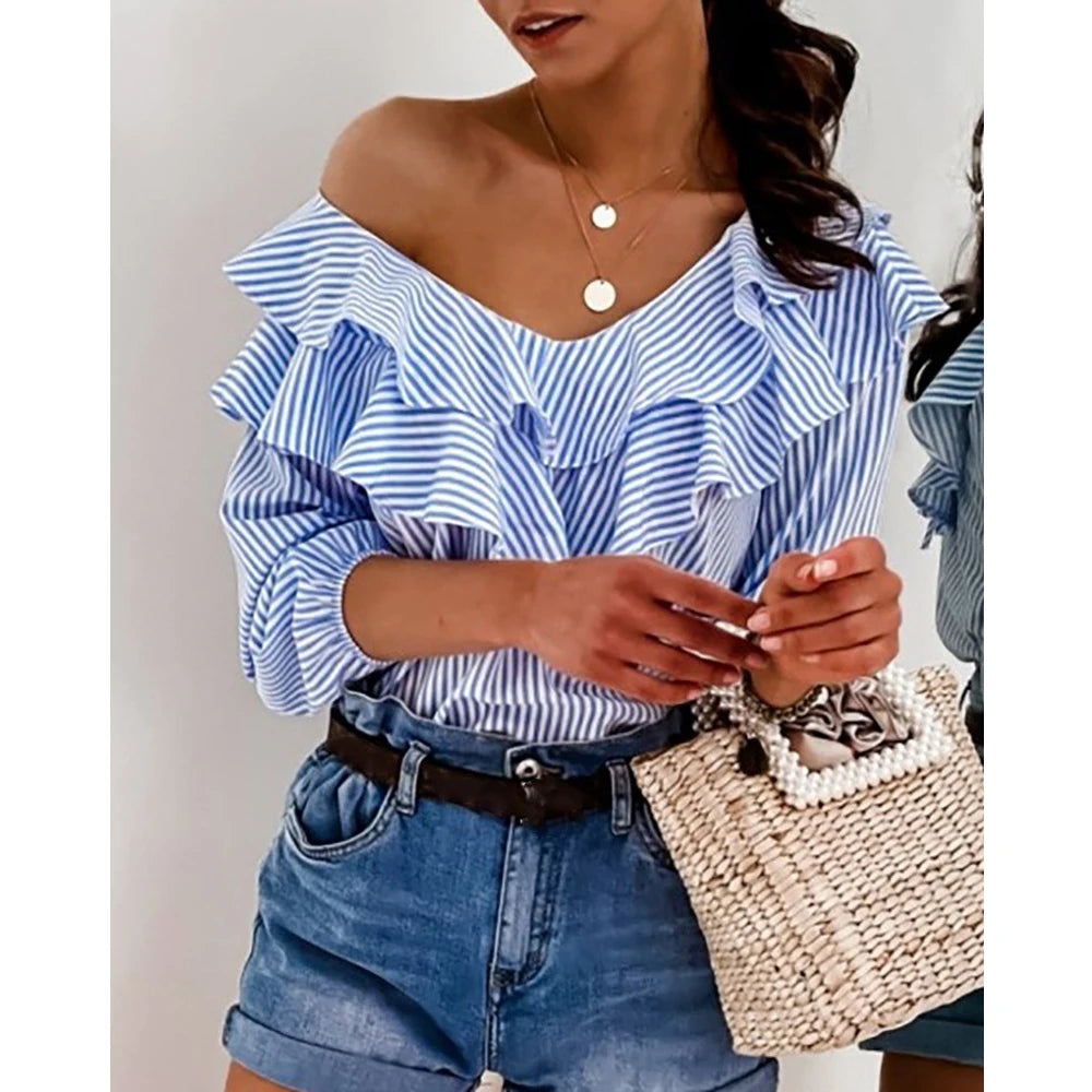 2022 Fashion Ladies Off shoulder Ruffles Stripe Blouse OL Elegant Loose Elbow Sleeve Blouse Shirts Streetwear T-shirts