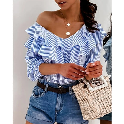 2022 Fashion Ladies Off shoulder Ruffles Stripe Blouse OL Elegant Loose Elbow Sleeve Blouse Shirts Streetwear T-shirts