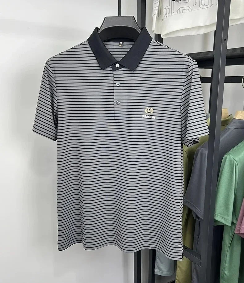 High quality ice silk short sleeve T-shirt men's lapel breathable top summer new fashionable striped casual business POLO shirt