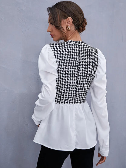 Women Elegant Houndstooth Shirt Fashion Ruffle Stitching Fluffy Long Sleeve Top Casual Chic Ladies Blouse Office White Shirts