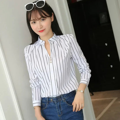 JFUNCY Women's Blouses Office Lady OL Work Shirts Long Sleeve Women Tops Fashion Casual White Stripe Print Female Slim Shirt