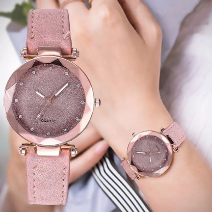 Round Face Rhinestone Star Sky Silver Pink Women for Watch Leisure Fashion Trend Frosted Belt Vintage Black Quartz Wristwatch