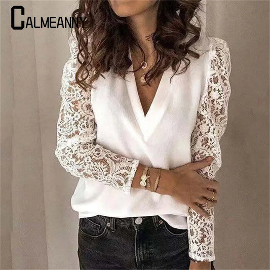 New Elegant Fashion Woman Shirt Vintage V Neck Women Tops Blouse Blouses Hollow Patchwork Lace Sleeve Tops Chic Women's Blouses