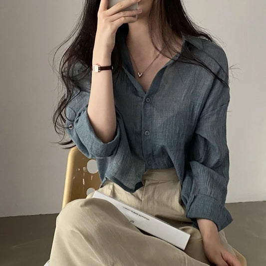 New Korean Trendy Shirt Blouse Simple Thin Pure Color Anti-UV Shirt Anti-fade Shirt Top Sun Protection Blouse Women Streetwear