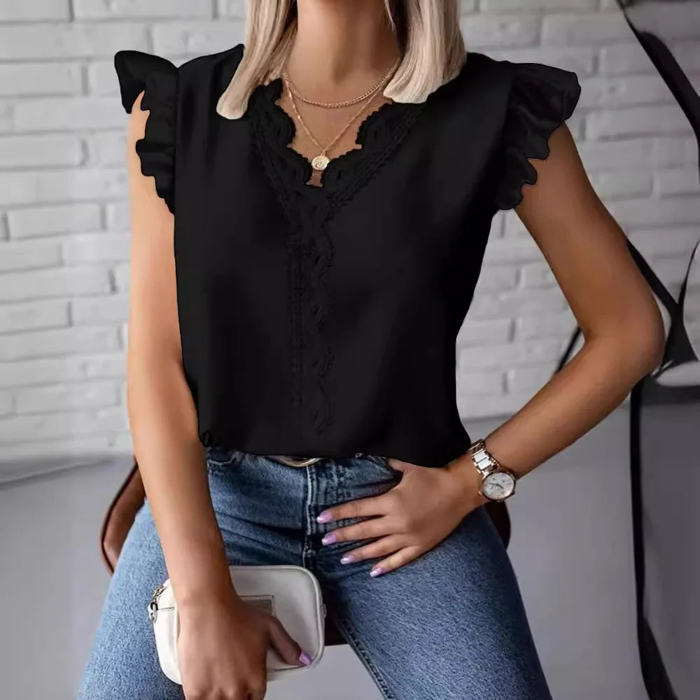 Tops Summer Ruffle Edge Minimalist V-neck Lace Patchwork Loose Shirt For Women's White Sleeveless Blusas Elegantes Mujer Blouses