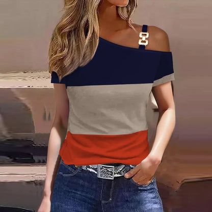 2024 Blusas Para Mujer Women Summer Stripe One Shoulder Short Sleeve Casual Blouse Tops T-shirt Loose Elegant Lady Clothes