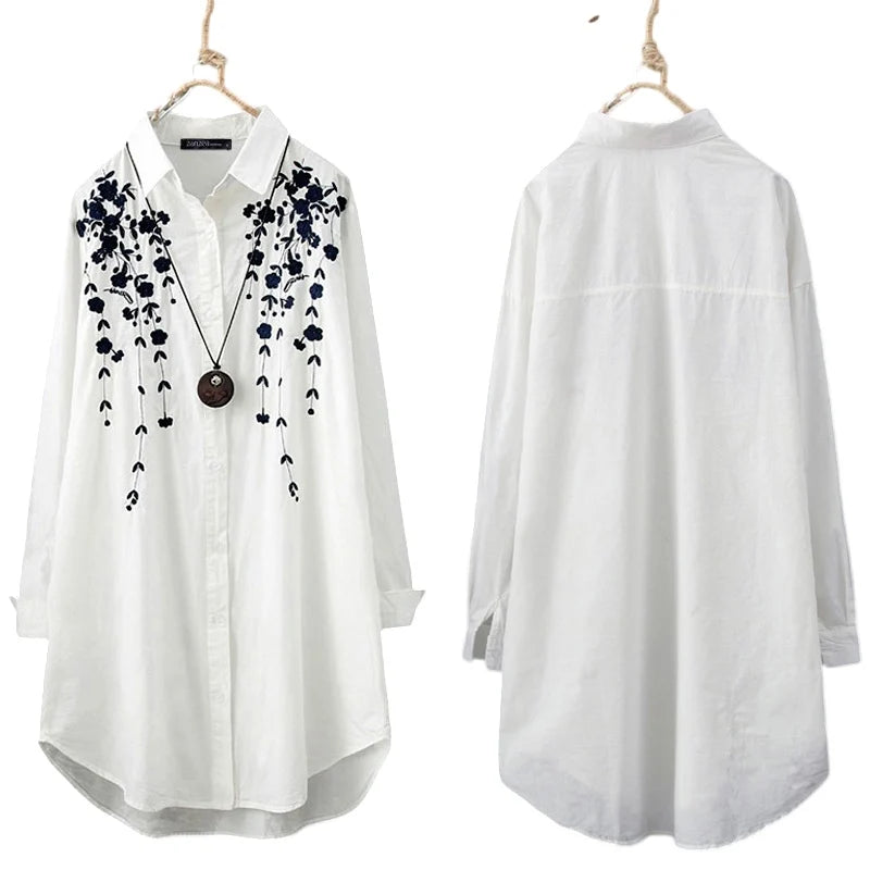 Elegant Women Blouse Floral Print Long Sleeve Buttons Tunics White Shirts Tops Vintage Fashion Office Lady Plus Size Lapel Shirt