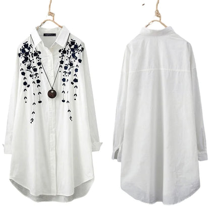 Elegant Women Blouse Floral Print Long Sleeve Buttons Tunics White Shirts Tops Vintage Fashion Office Lady Plus Size Lapel Shirt