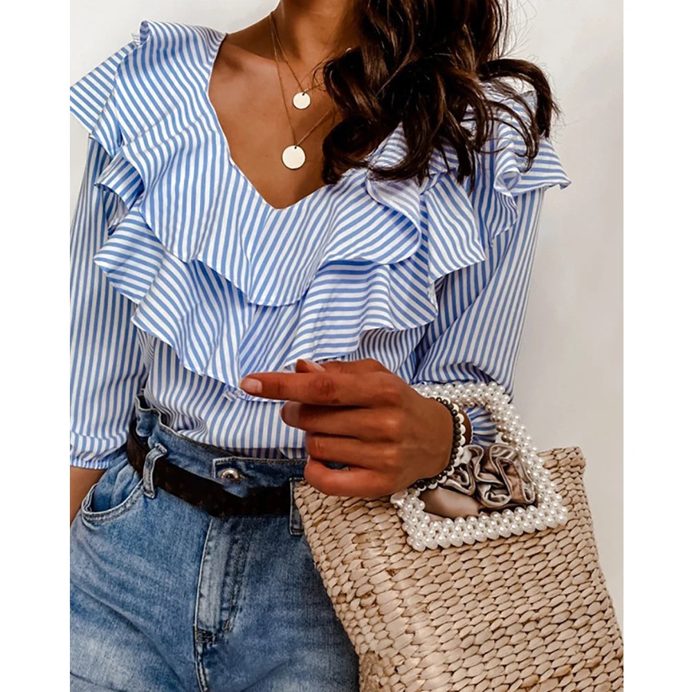 2022 Fashion Ladies Off shoulder Ruffles Stripe Blouse OL Elegant Loose Elbow Sleeve Blouse Shirts Streetwear T-shirts