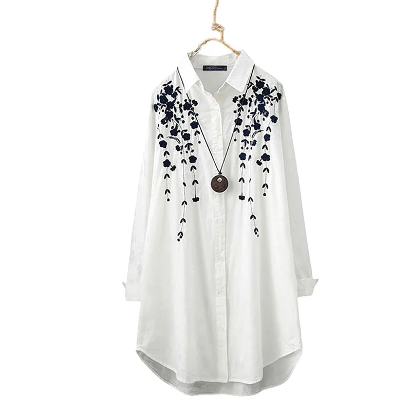 Elegant Women Blouse Floral Print Long Sleeve Buttons Tunics White Shirts Tops Vintage Fashion Office Lady Plus Size Lapel Shirt