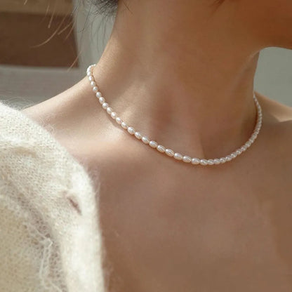 eManco 3MM Imitation Pearl Necklace Oval White Stainless Steel Necklace Women's Collarbone Chain