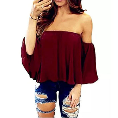 Chiffon Sexy Blouse Women Off Shoulder Blouse Top  Slash Neck Solid Top Casual Loose Beachwear Ladies Tops Women Clothing