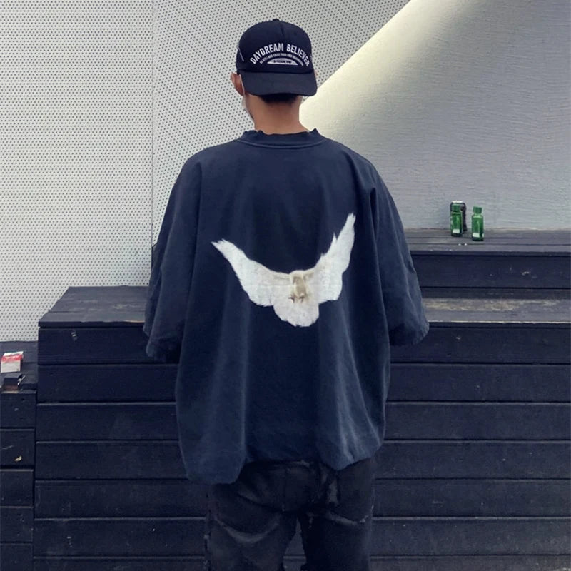 Frog drift Kanye West Streetwear Vintage YZY DOVE DONDA Loose Ovesized Pigeon print T-shirt tops tee for men