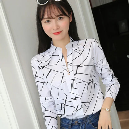 JFUNCY Women's Blouses Office Lady OL Work Shirts Long Sleeve Women Tops Fashion Casual White Stripe Print Female Slim Shirt