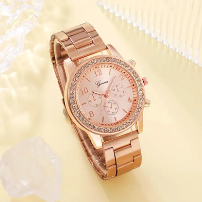 New 6PCS Set Rose Gold Luxury Watch Women Ring Necklace Earring Rhinestone Fashion Wristwatch Casual Ladies Bracelet Watches