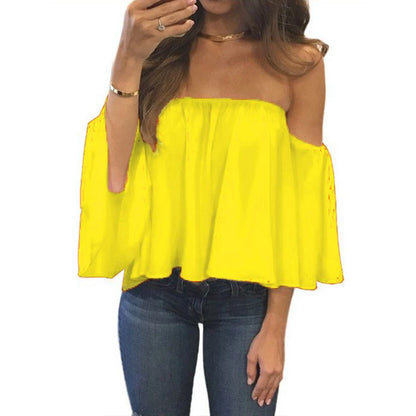 Chiffon Sexy Blouse Women Off Shoulder Blouse Top  Slash Neck Solid Top Casual Loose Beachwear Ladies Tops Women Clothing