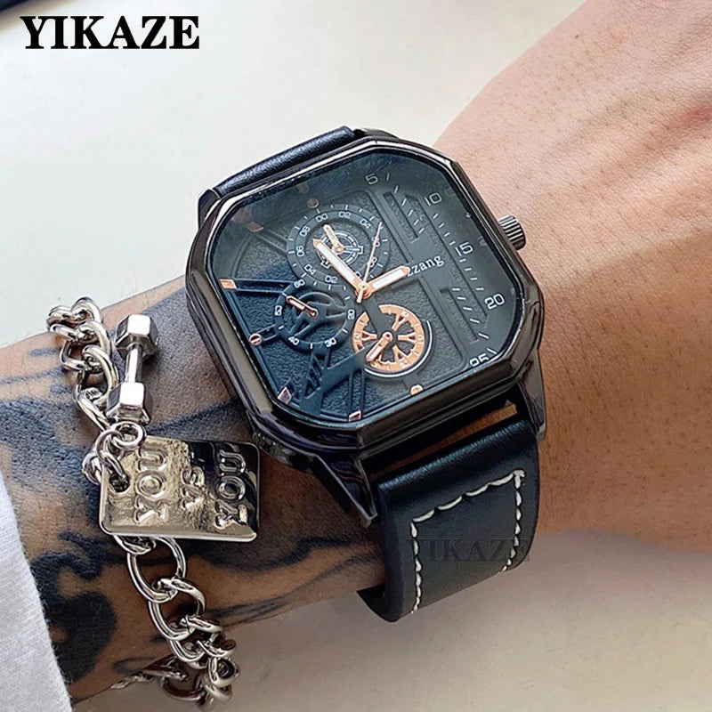 YIKAZE Alloy Men Quartz Watches Leather Strap Big Dial Student Square Sports Watch Cool Black Men's Watch Waterproof  Wristwatch