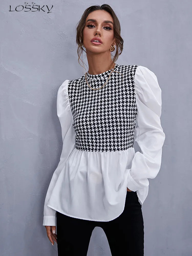 Women Elegant Houndstooth Shirt Fashion Ruffle Stitching Fluffy Long Sleeve Top Casual Chic Ladies Blouse Office White Shirts