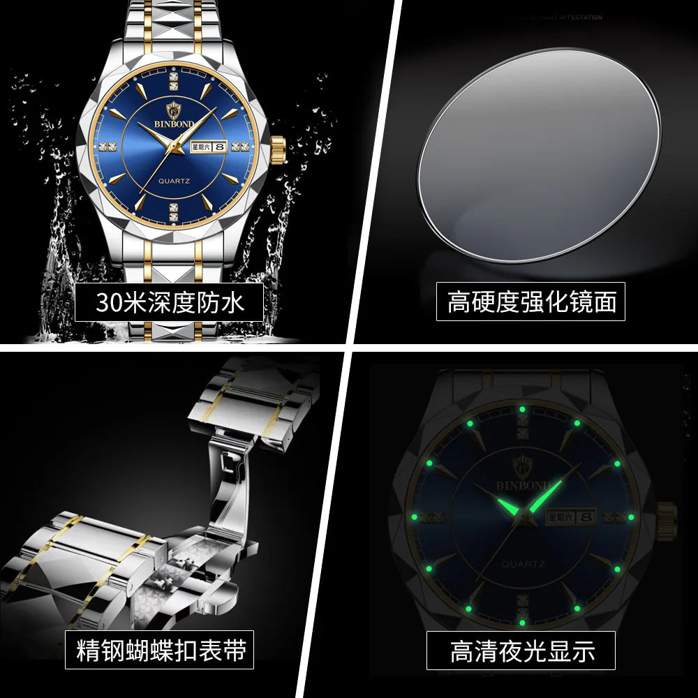 Brand International BINBOND B5552 Men Multiple Colors Fashion Watch Sports Military Steel Band Waterproof Luminous Wristwatches