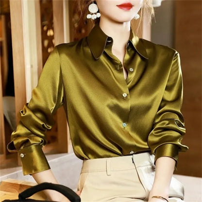 High Quality Shirt Women's Summer Drape Thin Style New Long Sleeved Loose Slim Office Luxury Top Silk Satin Blouse