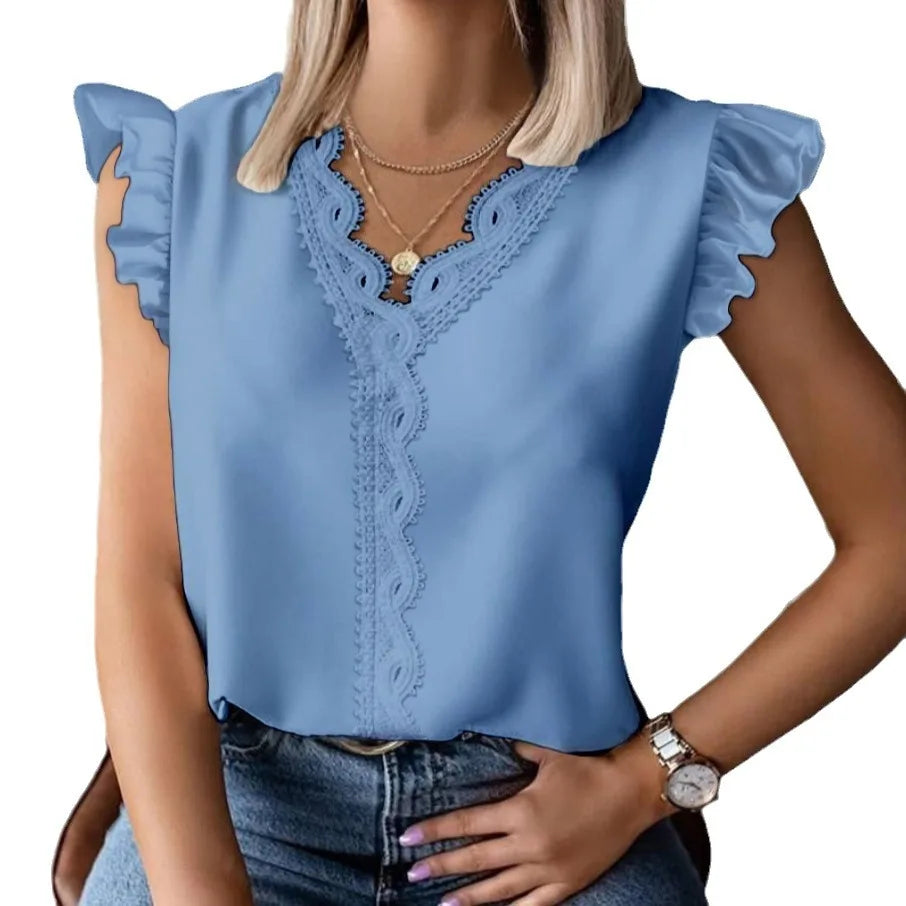 Tops Summer Ruffle Edge Minimalist V-neck Lace Patchwork Loose Shirt For Women's White Sleeveless Blusas Elegantes Mujer Blouses