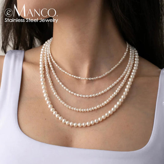 eManco New Imitation Pearl Necklace Round Multi Size White Pearl Stainless Steel Necklace Women's Collarbone Chain