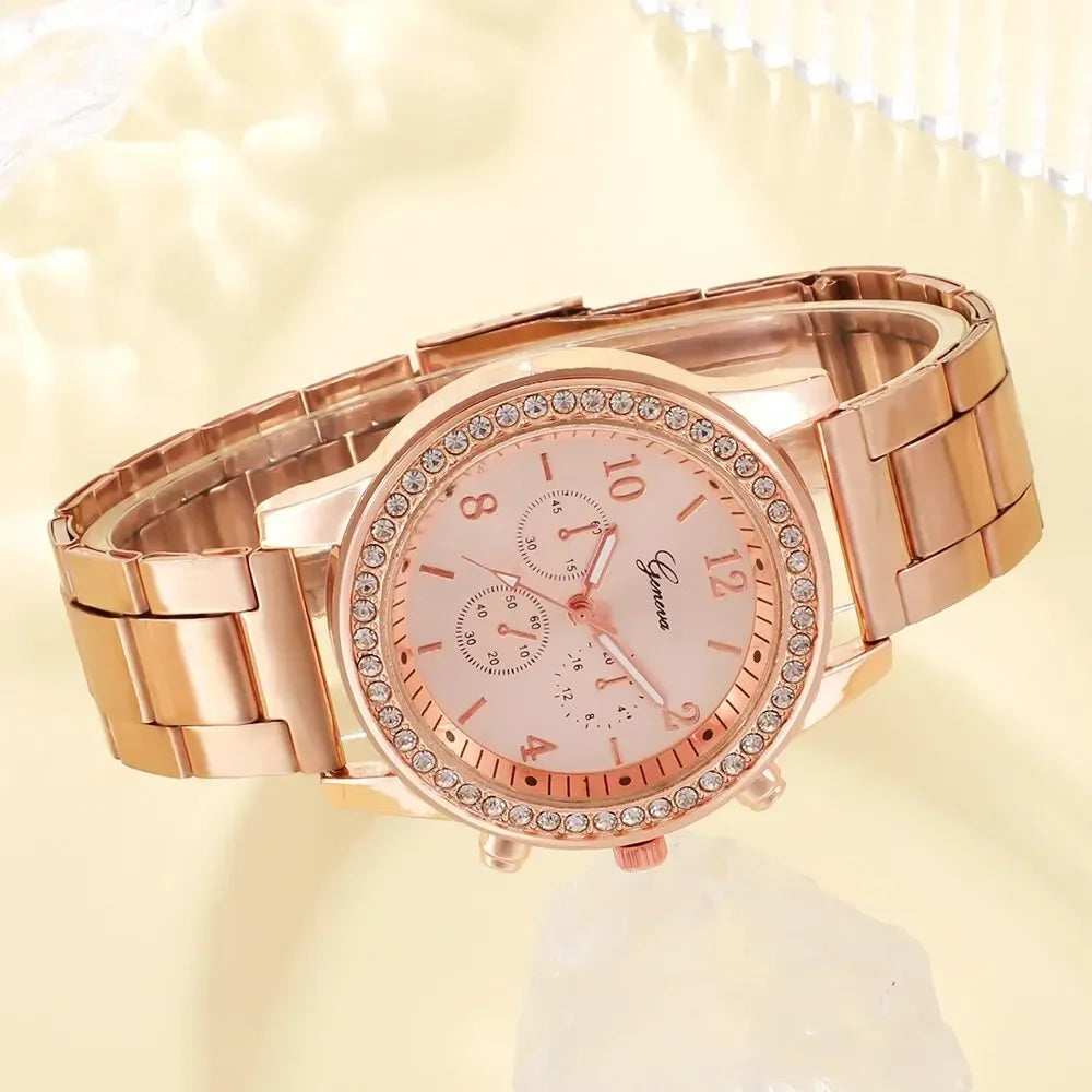 New 6PCS Set Rose Gold Luxury Watch Women Ring Necklace Earring Rhinestone Fashion Wristwatch Casual Ladies Bracelet Watches