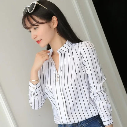 JFUNCY Women's Blouses Office Lady OL Work Shirts Long Sleeve Women Tops Fashion Casual White Stripe Print Female Slim Shirt