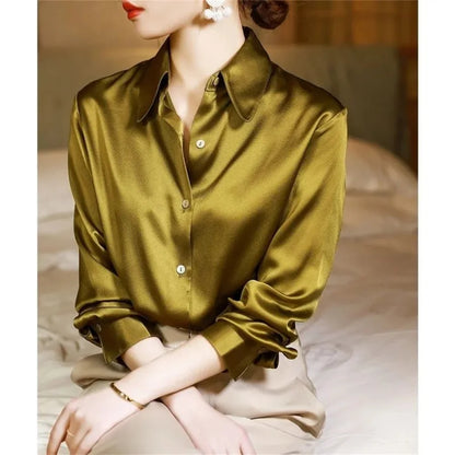 High Quality Shirt Women's Summer Drape Thin Style New Long Sleeved Loose Slim Office Luxury Top Silk Satin Blouse