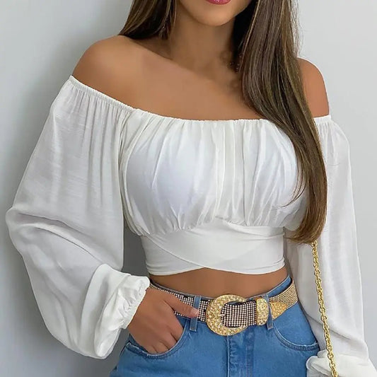 Off Shoulder Lantern Sleeve Women Blouse Shirt Sexy Puff Sleeve Crop Tops Casual Solid White Blouses Exposed Navel Streetwear