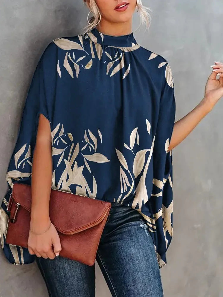 Casual Loose Women's Blouse Fashion Batwing Sleeve Print O-neck Shirts Top 2023 Spring Summer Office Lady Blouses Elegant Tops