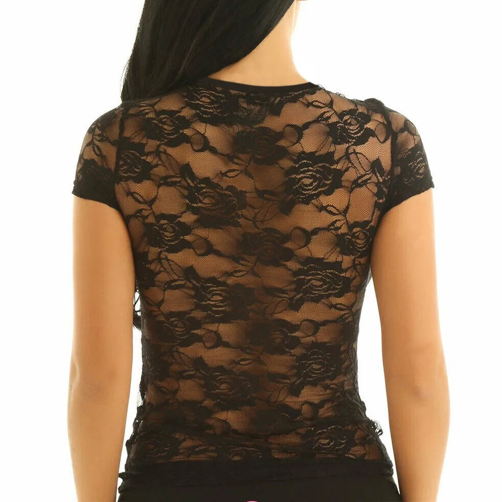 Women Transparency Lace Mesh Flower T Shirts Black Sexy See Through Short Sleeve O-Neck Slim Fit Tops Summer Nightclub Crop Tops