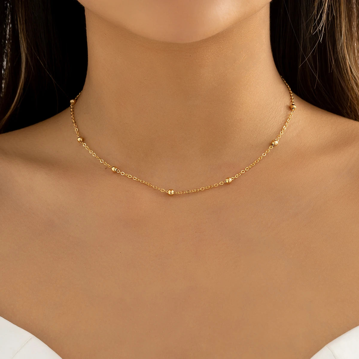 IngeSight.Z Simple Copper Beads Chain Choker Necklace for Women Kpop Fashion Gold Color Small Ball Short Clavicle Chain Necklace