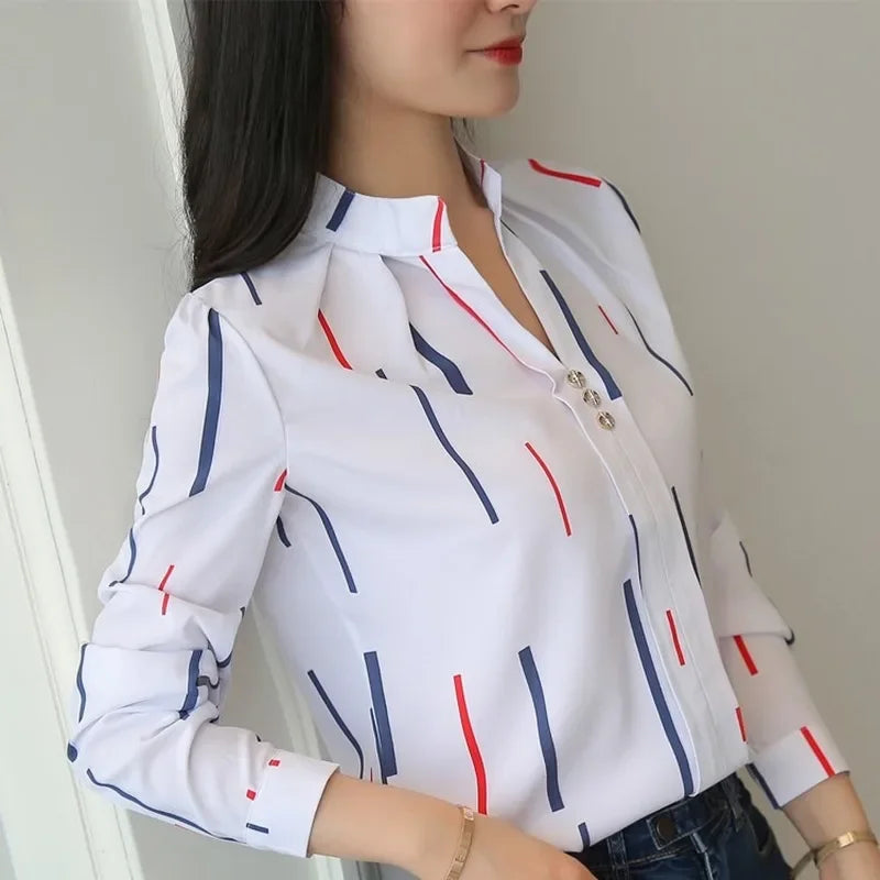 JFUNCY Women's Blouses Office Lady OL Work Shirts Long Sleeve Women Tops Fashion Casual White Stripe Print Female Slim Shirt