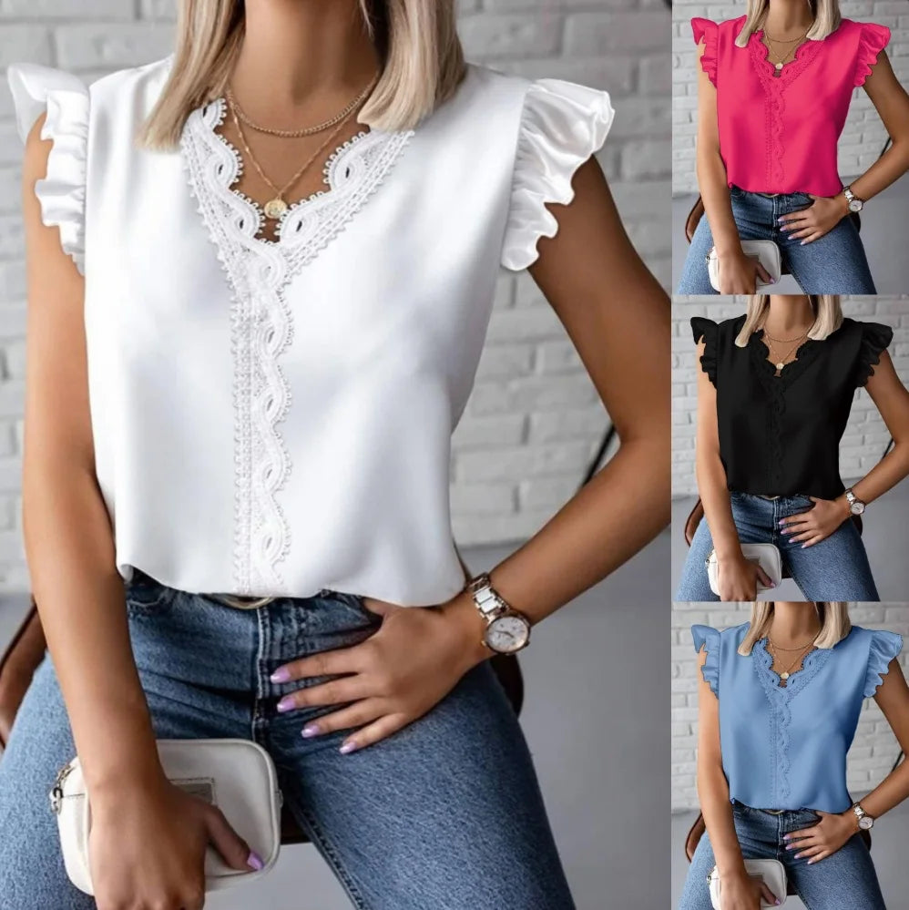 Tops Summer Ruffle Edge Minimalist V-neck Lace Patchwork Loose Shirt For Women's White Sleeveless Blusas Elegantes Mujer Blouses