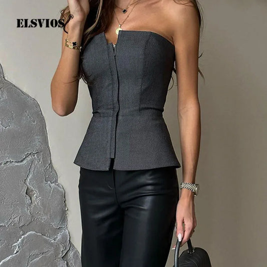 Spring Summer New Sexy Off-shoulder Sleeveless Slim Blouses INS Fashion Solid Color Zipper Cardigans Elegant Cropped Tank Tops