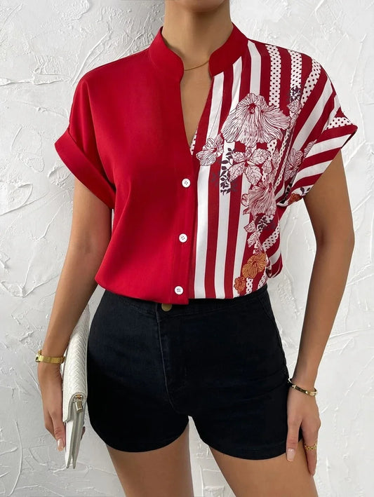 Women's New Summer Double-contrast Flower Button Cardigan Short-sleeved Shirt 2023 Red Casual V-neck Fashion Shirts For Women